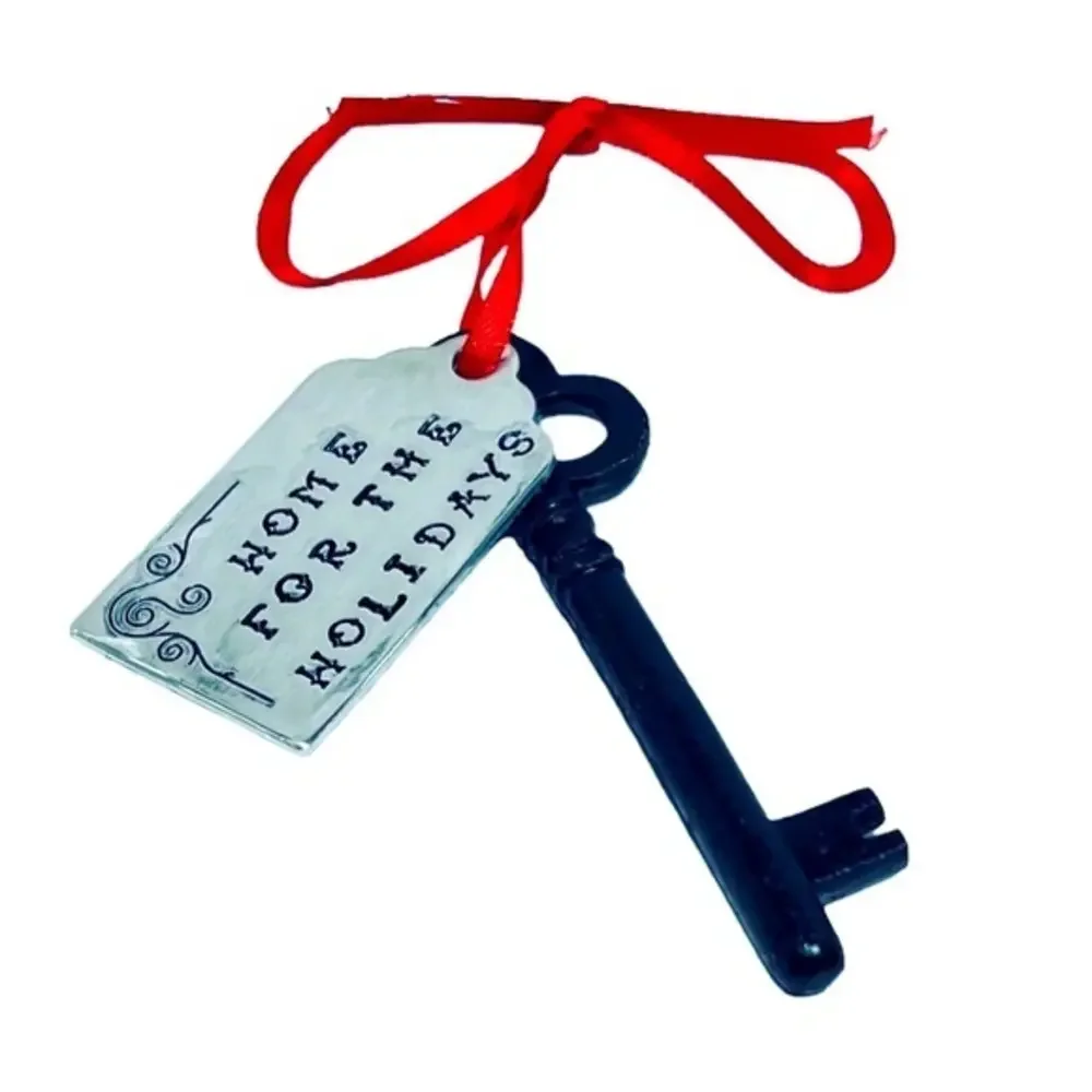 Handmade‎ stamped silver aluminum tag cast iron skeleton key holiday ornament